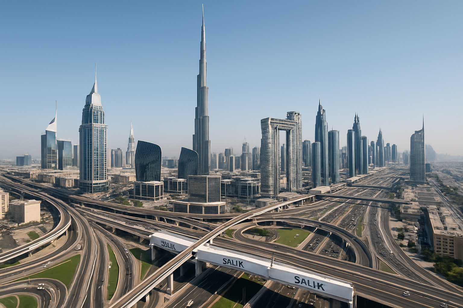 Dubai skyline with major highways and toll gates