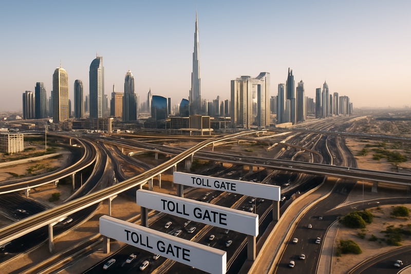 Dubai toll roads infrastructure with city skyline